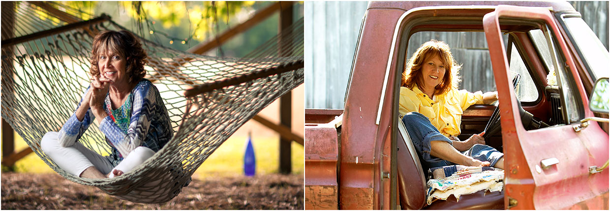 2 photos - Chloe on hammock, Chloe in old red truck