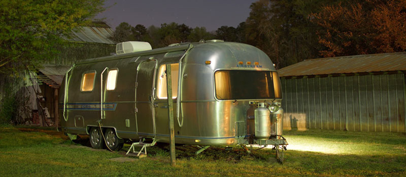 Airstream camper at dusk