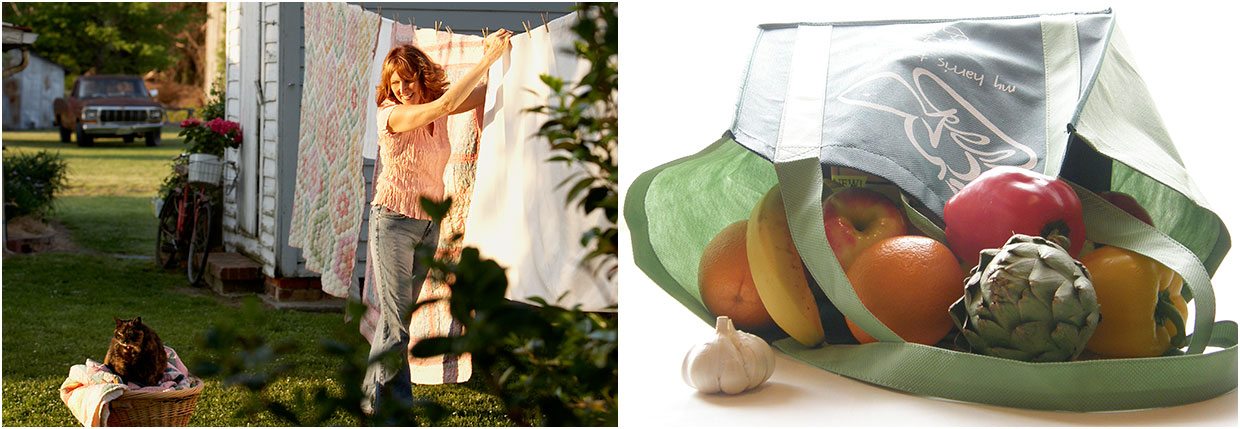 2 images; Chloe hanging sheets to dry; cloth grocery bag